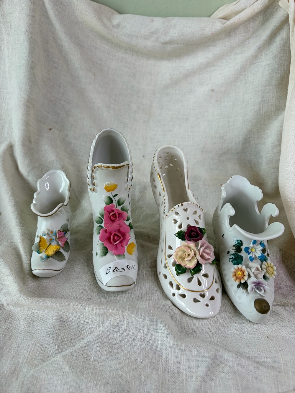Decorative White Ceramic Floral Shoe Figurines - Set of 4